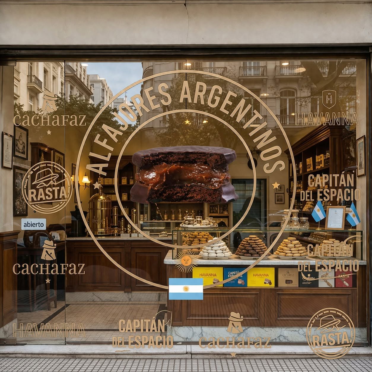 Escaparate de alfajores argentinos con un alfajor de chocolate en primer plano